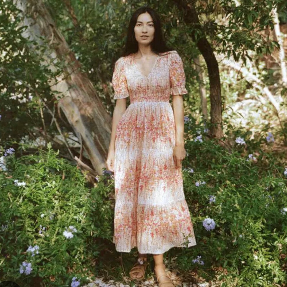 Christy Dawn Floral Midi Dress in Cream and Pink